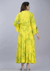 Yellow Tie Dye Rayon Nimbu Mirchi Anarkali Kurti, three-quarter sleeve women's fashion from India